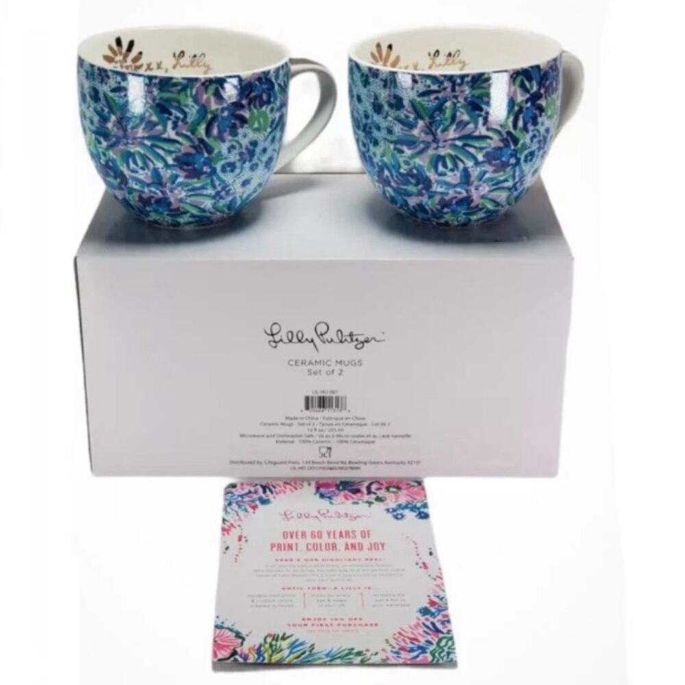 Lilly Pulitzer 12oz Blue & Purple Abstract Floral Gold Handle Ceramic Mug Set
